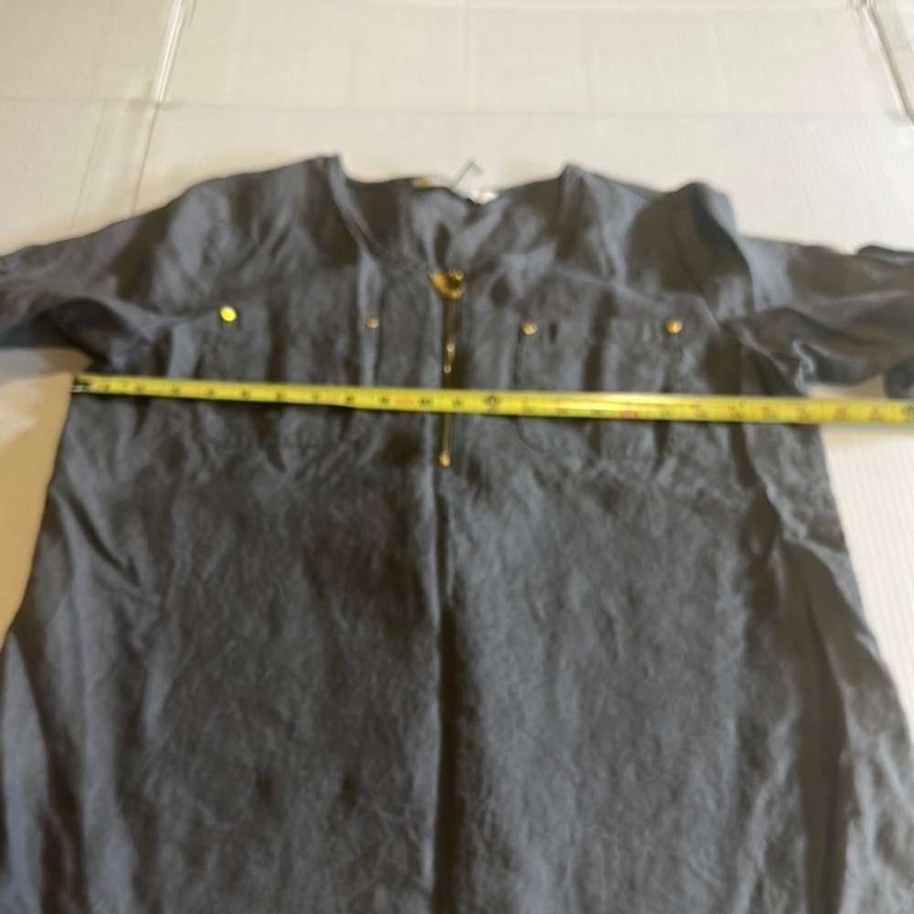 Ellen Tracy linen grey gold Boxy Blouse with Cuffed Sleeves and round Collar - Picture 4 of 10